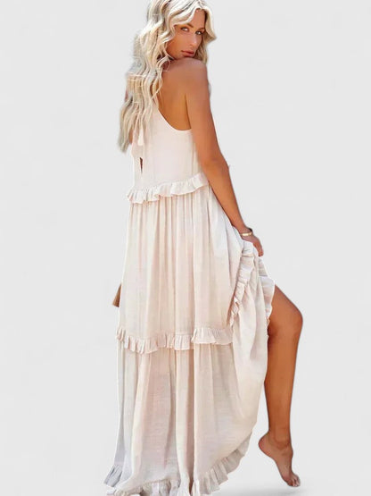 Effortless Ruffle Maxi Dresses for Women with Halter Neck Sleeveless Two Tone Casual Sundress Style