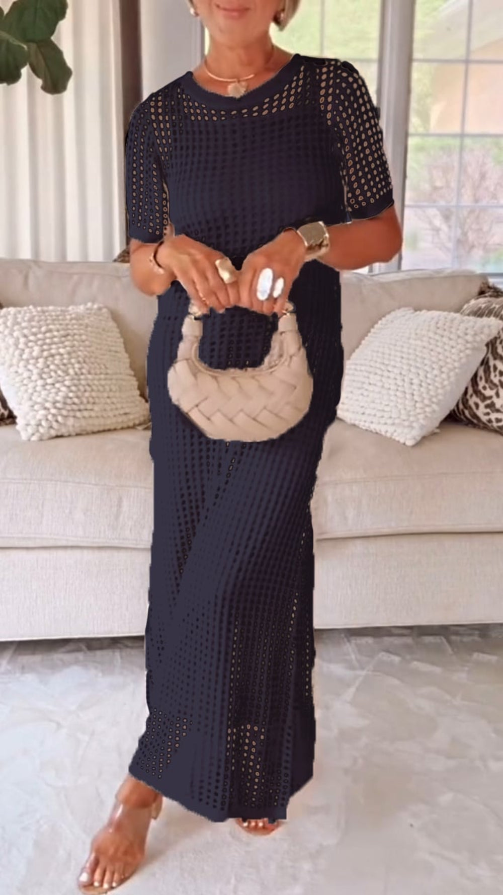 Effortless Two-Piece Set for Women with Boat Neck Short Sleeve Crochet Mesh Hollow Out Casual Style