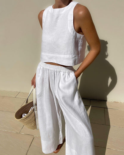 Effortless Two Piece Set for Women with Sleeveless Crop Tank Top Wide Leg Shorts Casual Summer Style