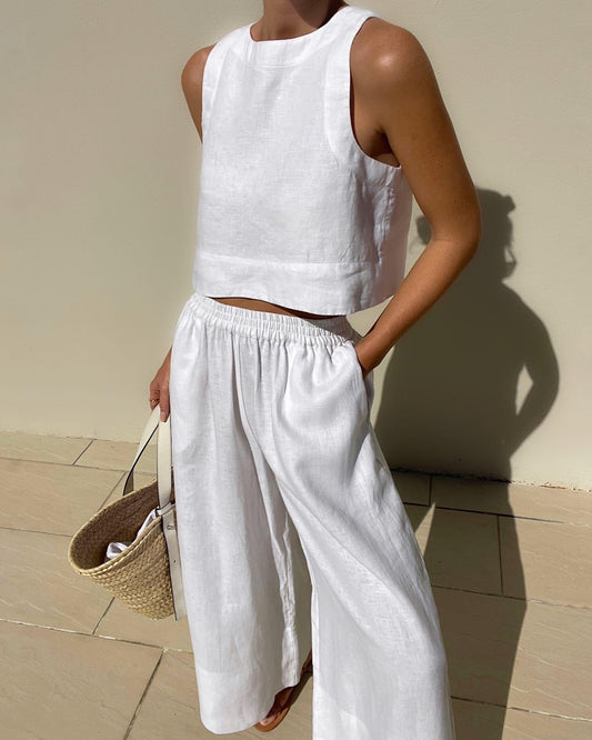 Effortless Two Piece Set for Women with Sleeveless Crop Tank Top Wide Leg Shorts Casual Summer Style