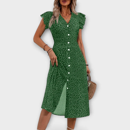 Effortless Polka Dot Midi Dress for Women with Deep V Neck Button Down Flutter Sleeve Casual Style