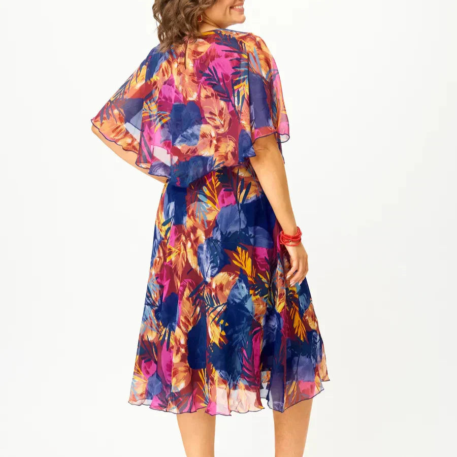 Elegant Floral Midi Dress for Women with Round Neck Short Sleeve