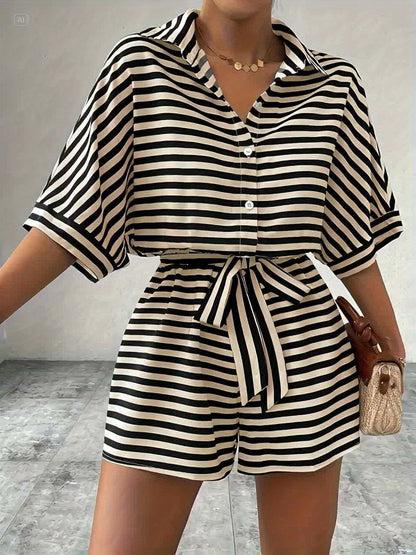 Effortless Striped Romper for Women with Collared Belted