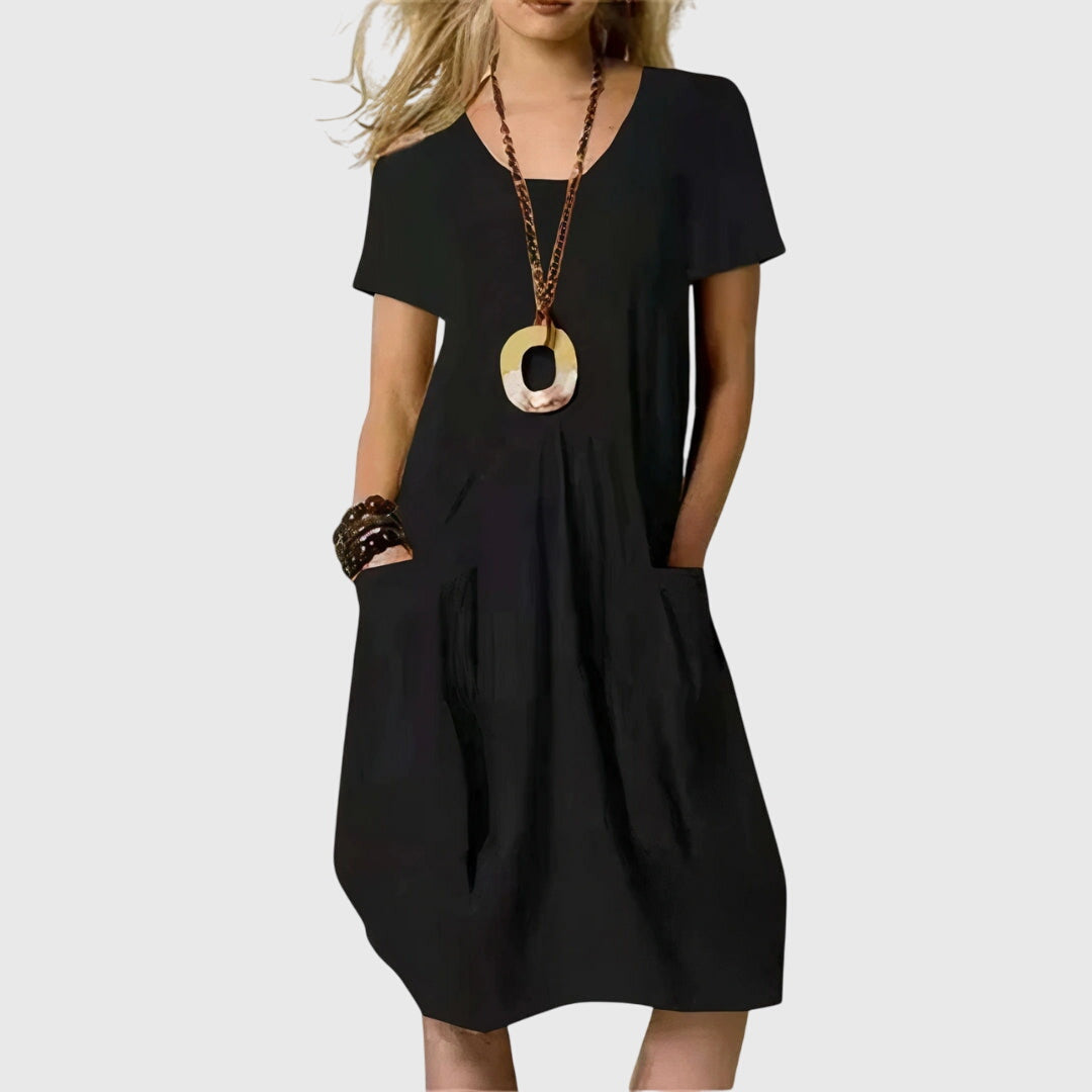 Comfortable V Neck Casual Dresses for Women with Short Sleeve Pleated Front Pocket Relaxed Midi Style