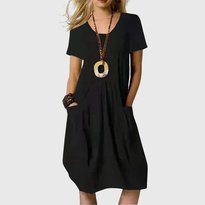 Comfortable V Neck Casual Dresses for Women with Short Sleeve Pleated Front Pocket Relaxed Midi Style