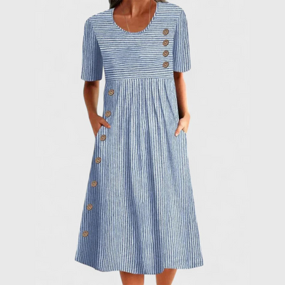 Effortless Striped Casual Dress for Women with Button Detail Short Sleeve Pocket Midi Style