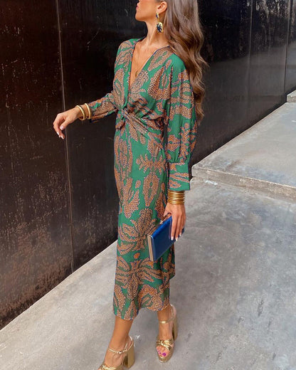 Elegant Paisley Print Wrap Maxi Dress for Women with Deep V-Neck Long Sleeve Twist Waist