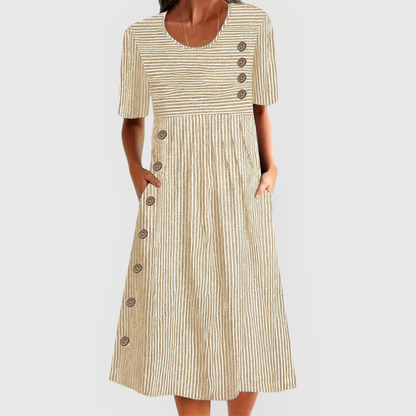 Effortless Striped Casual Dress for Women with Button Detail Short Sleeve Pocket Midi Style