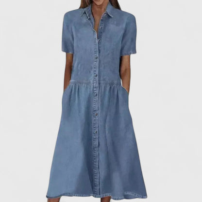 Effortless Denim Shirt Dress for Women with Collared Button Down Short Sleeve Tiered Ruffle Casual Style