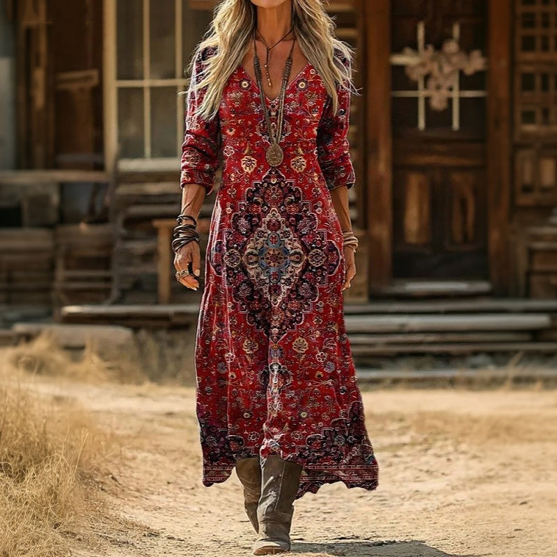 Stylish Red Mini Dress for Women with V Neck Long Sleeve Vintage