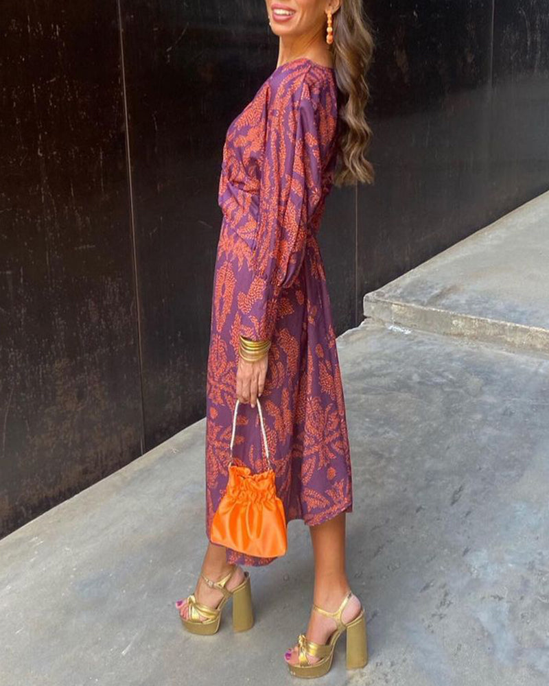 Elegant Paisley Print Wrap Maxi Dress for Women with Deep V-Neck Long Sleeve Twist Waist