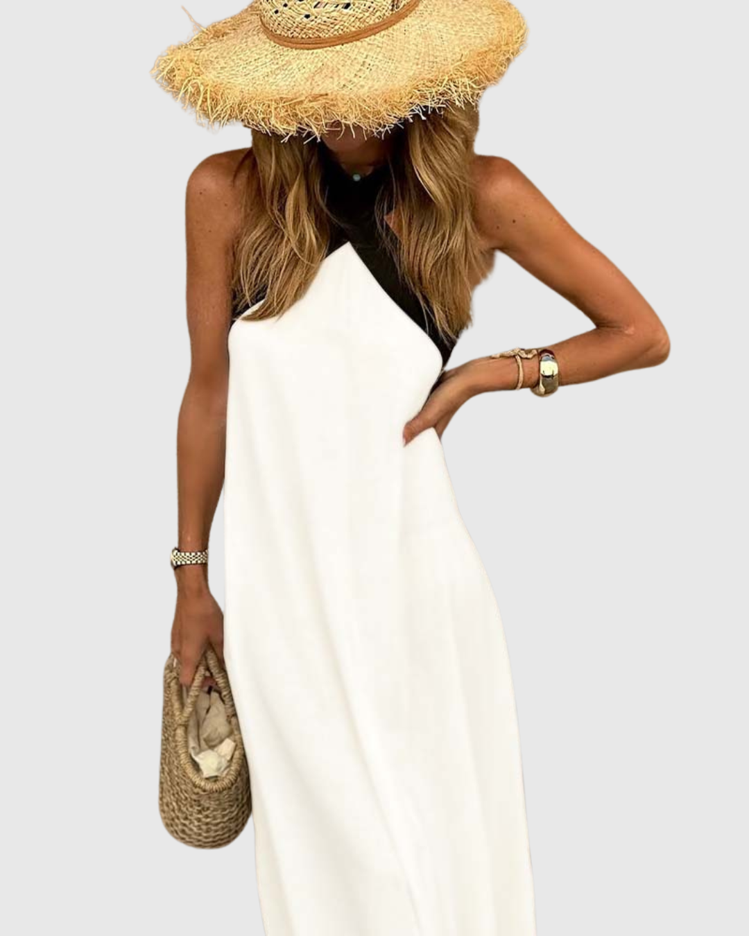 Effortless Colorblock Maxi Dress for Women with Halter Crossover Neck Sleeveless Casual Style