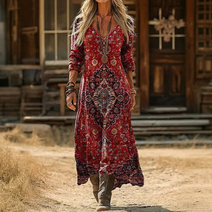 Stylish Red Mini Dress for Women with V Neck Long Sleeve Vintage