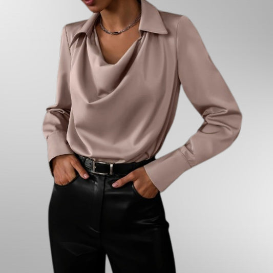 Elegant Satin Blouse for Women with Cowl Neck Long Sleeve Draped Collar Formal Style