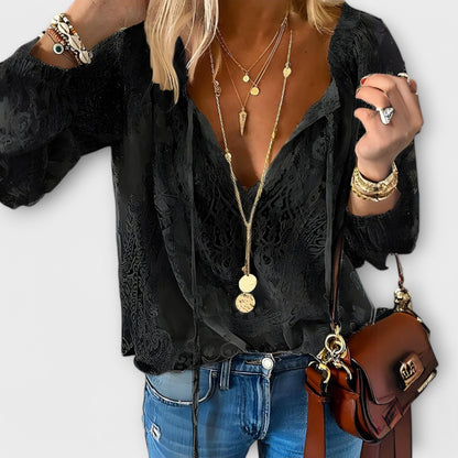 Elegant Lace Blouse for Women with Deep V-Neck Long Sleeve Ruffle Cuff Zip Front Casual Style