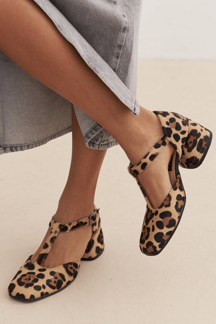 Comfortable Leopard Heels for Women with T Strap Style