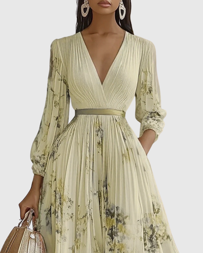 Elegant Floral Pleated Maxi Dress for Women with Deep V-Neck Sleeveless Belted Formal Wedding Guest Style