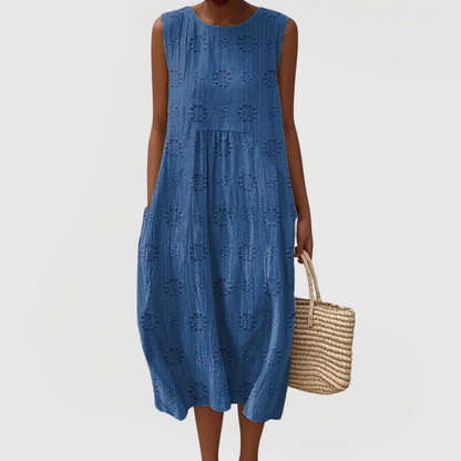 Effortless Embroidered Linen Casual Dresses for Women with Round Neck Sleeveless Pocket Midi Style