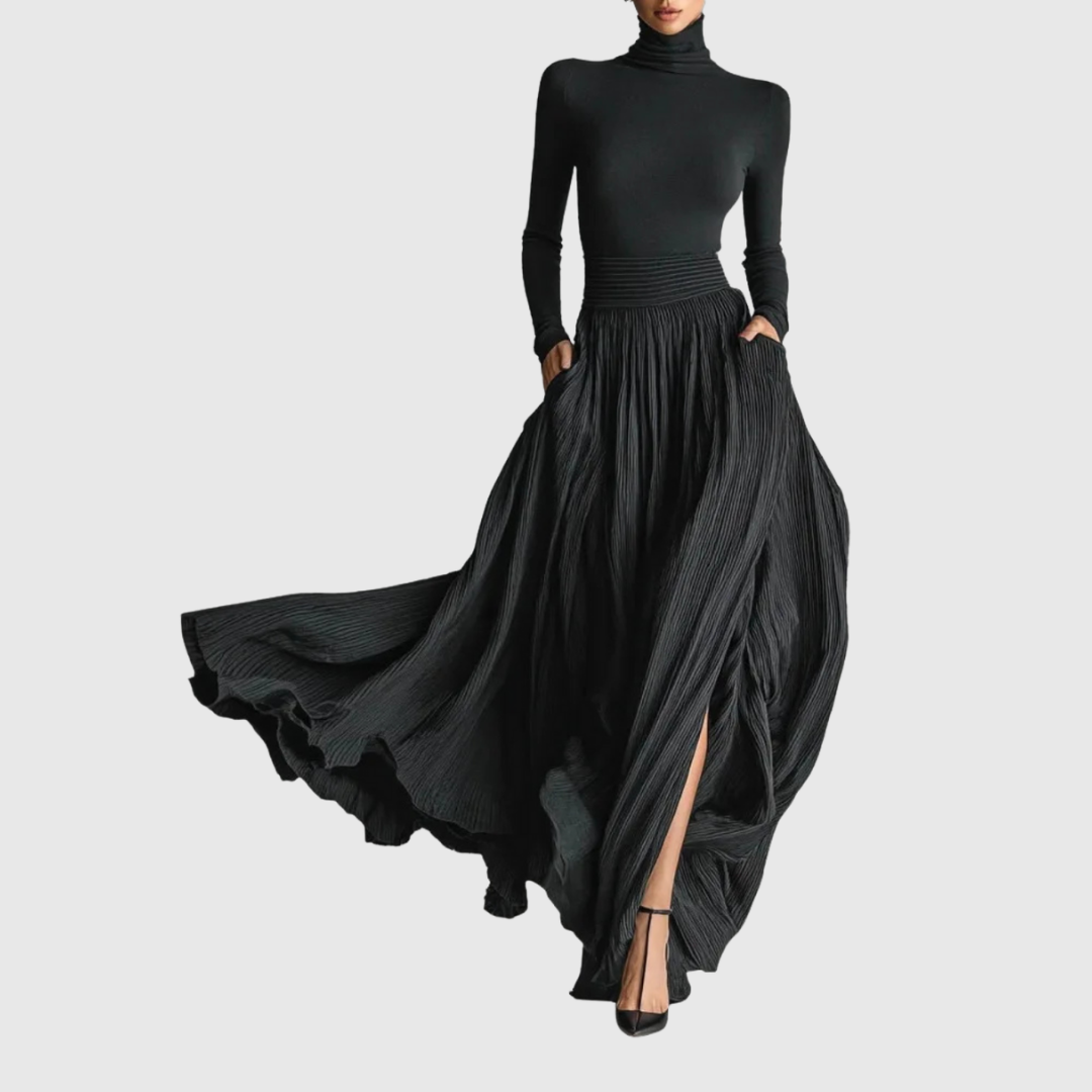 Elegant Black Maxi Skirt for Women with High Waist Pleated Flowing Slit Pocket Casual Style