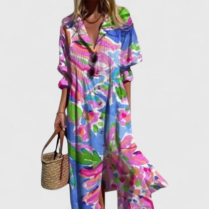 Effortless Floral Print Shirt Dress for Women with Button Down Long Sleeve Midi Style