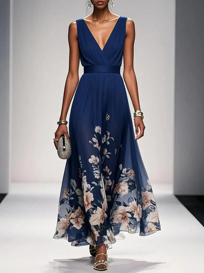 Elegant Floral Maxi Dress for Women with Deep V-Neck Sleeveless Formal Wedding Guest Style