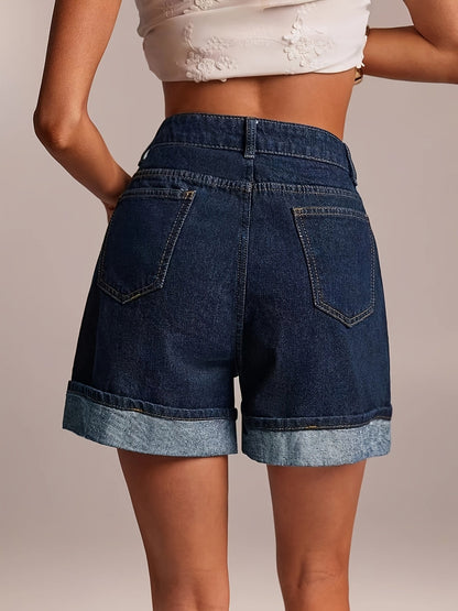 Effortless Medium Blue Denim Shorts for Women with Cuffed Hem High Waist Pocket Style