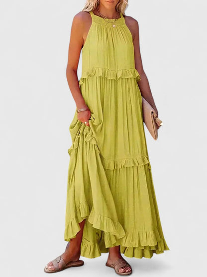 Effortless Ruffle Maxi Dresses for Women with Halter Neck Sleeveless Two Tone Casual Sundress Style