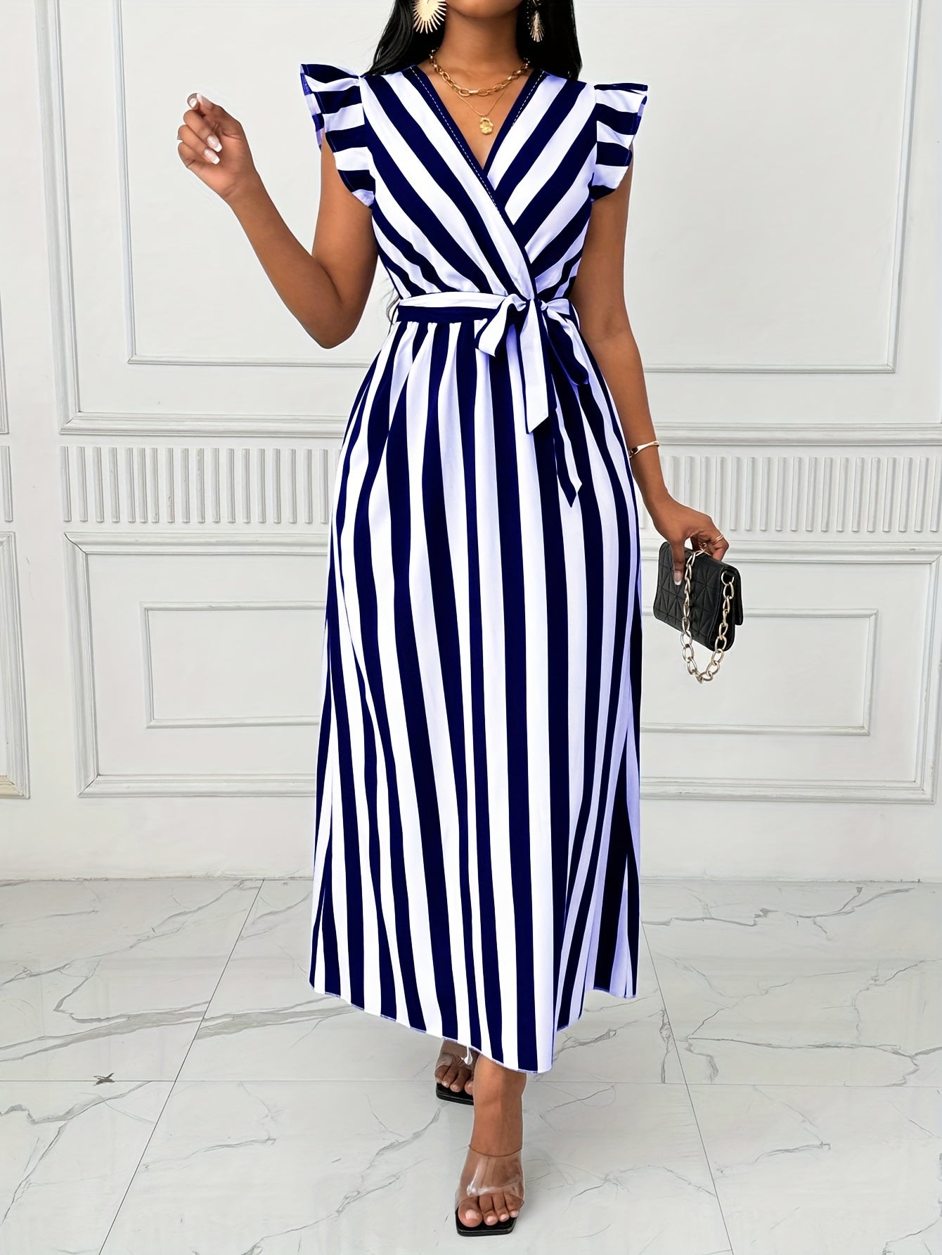 Stylish Striped Wrap Maxi Dress for Women with Ruffle Sleeve