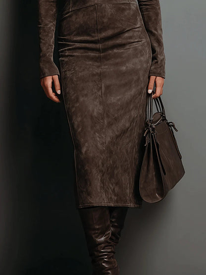 Elegant Suede Midi Dress for Women with Turtleneck Long Sleeve Fitted Semi Formal Style