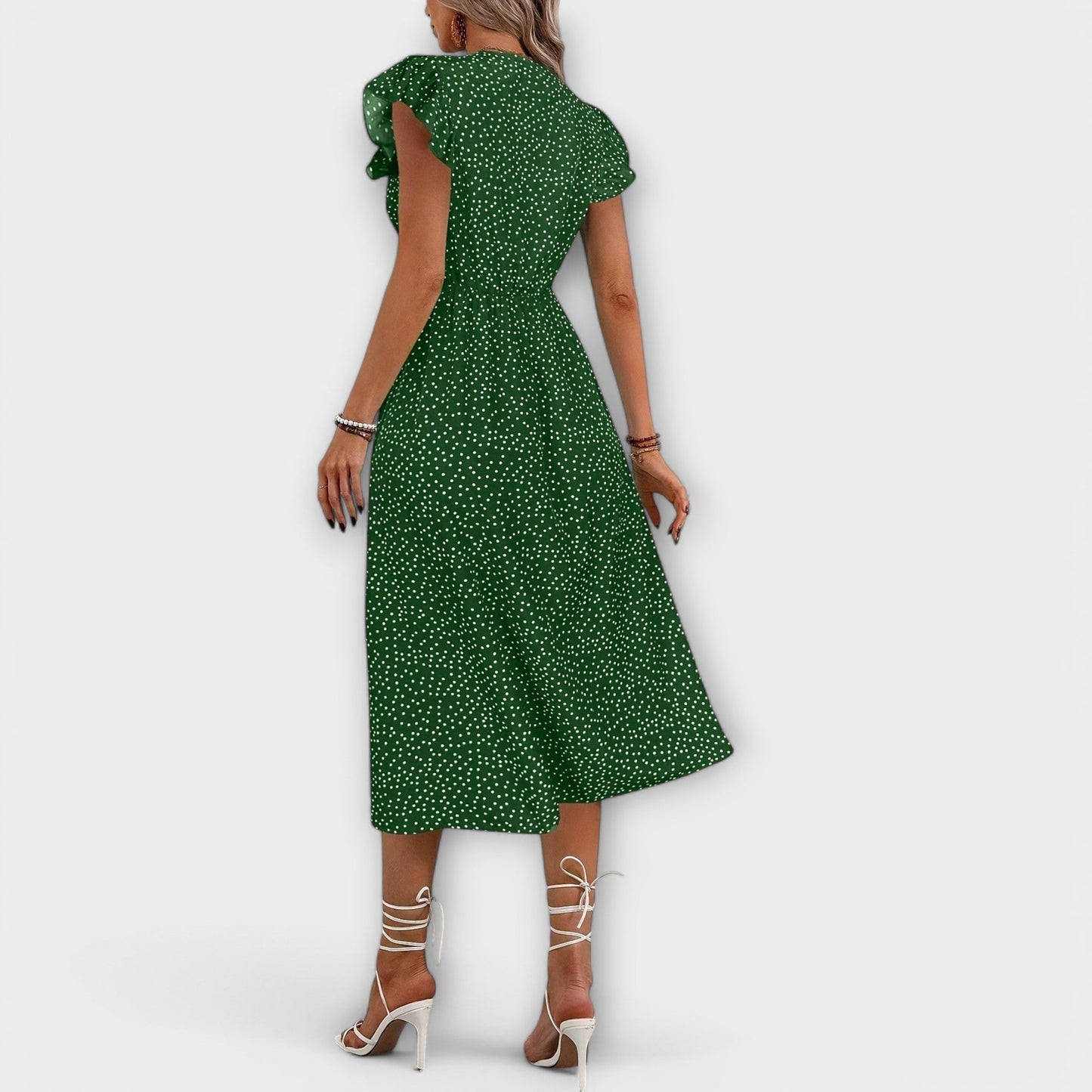 Effortless Polka Dot Midi Dress for Women with Deep V Neck Button Down Flutter Sleeve Casual Style