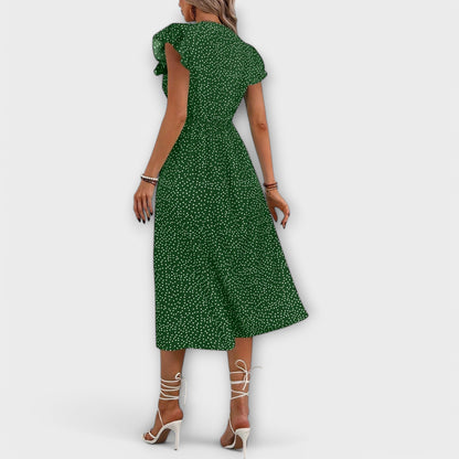 Effortless Polka Dot Midi Dress for Women with Deep V Neck Button Down Flutter Sleeve Casual Style