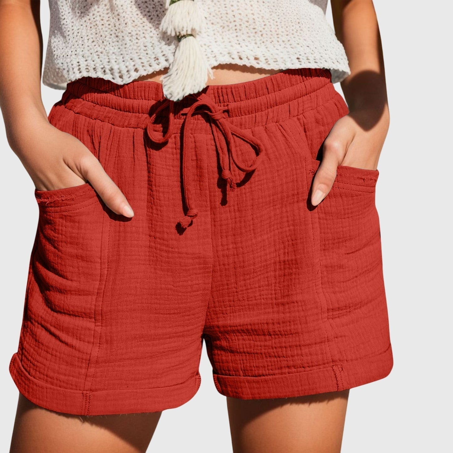 Effortless Cotton Shorts for Women with Drawstring Waist Cuffed Hem Deep Pocket Casual Style