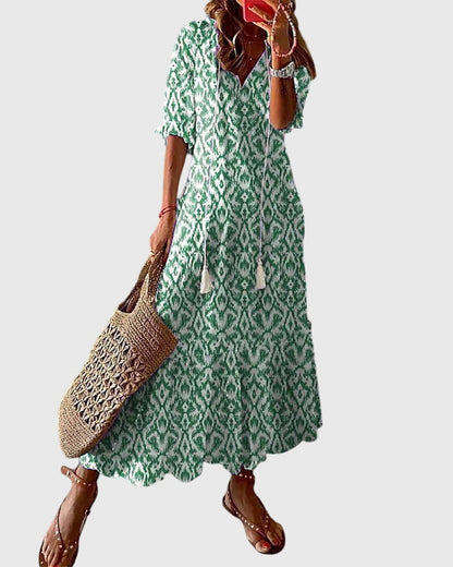 Effortless Ikat Print Maxi Dress for Women with V-Neck Tassel Tie Short Sleeve Casual Style