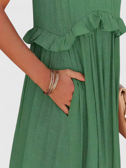 Effortless Ruffle Maxi Dresses for Women with Halter Neck Sleeveless Two Tone Casual Sundress Style
