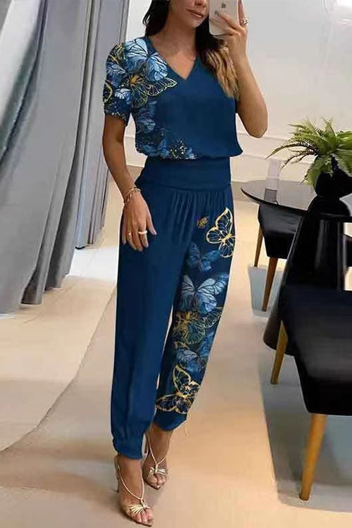Effortless Two-Piece Set for Women with V-Neck Short Sleeve Top Elastic Waist Wide Leg Pants Casual Style