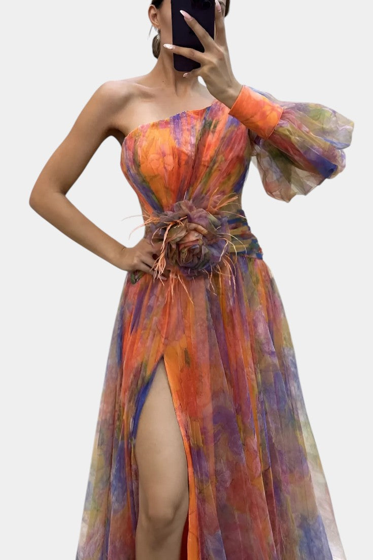 Elegant Abstract Print Maxi Dress for Women with One Shoulder Puff Sleeve Floral Waist Formal Style
