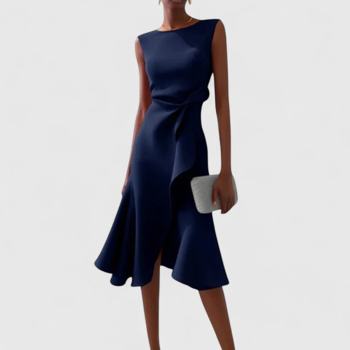 Elegant Sleeveless Midi Dress for Women with Asymmetric Ruffle Hem Formal Wedding Guest Style