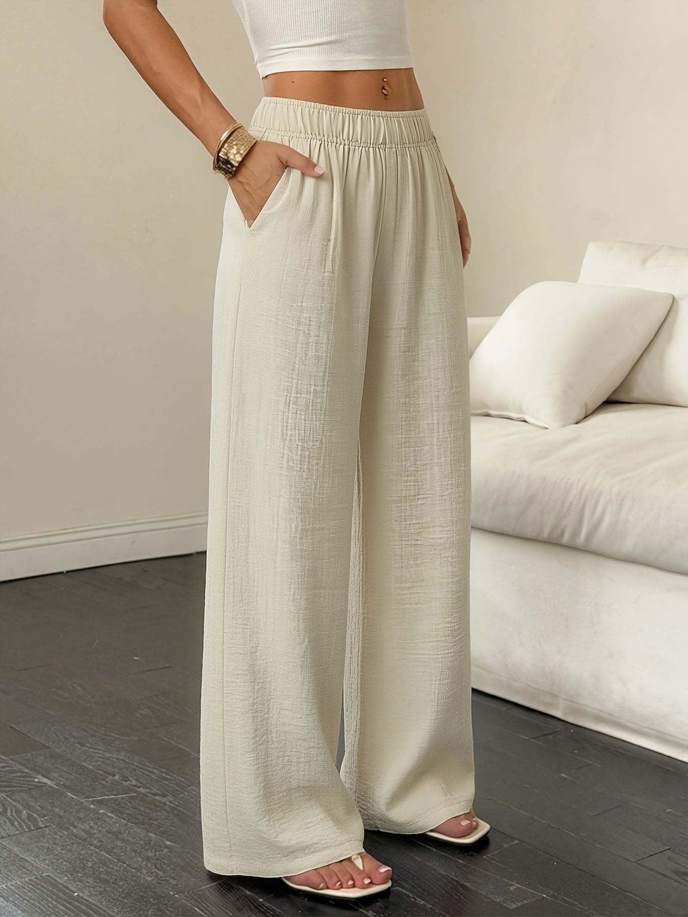 Effortless Linen Wide Leg Pants for Women with High Waist Pocket Flowing Relaxed Casual Style