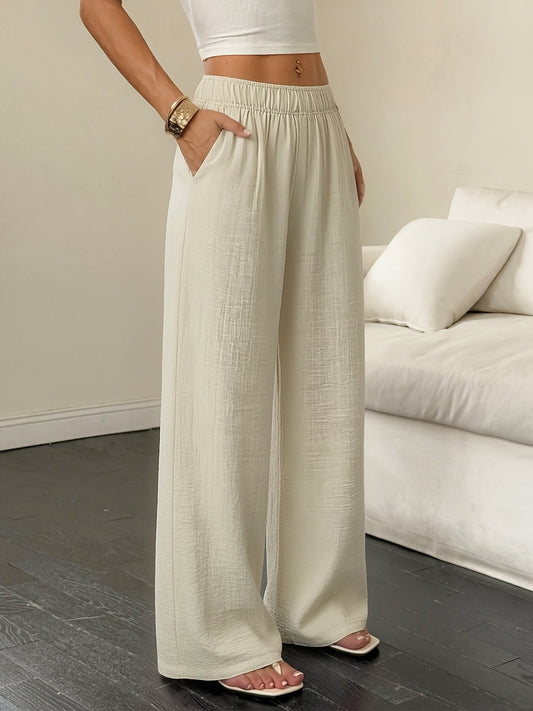 Effortless Linen Wide Leg Pants for Women with High Waist Pocket Flowing Relaxed Casual Style