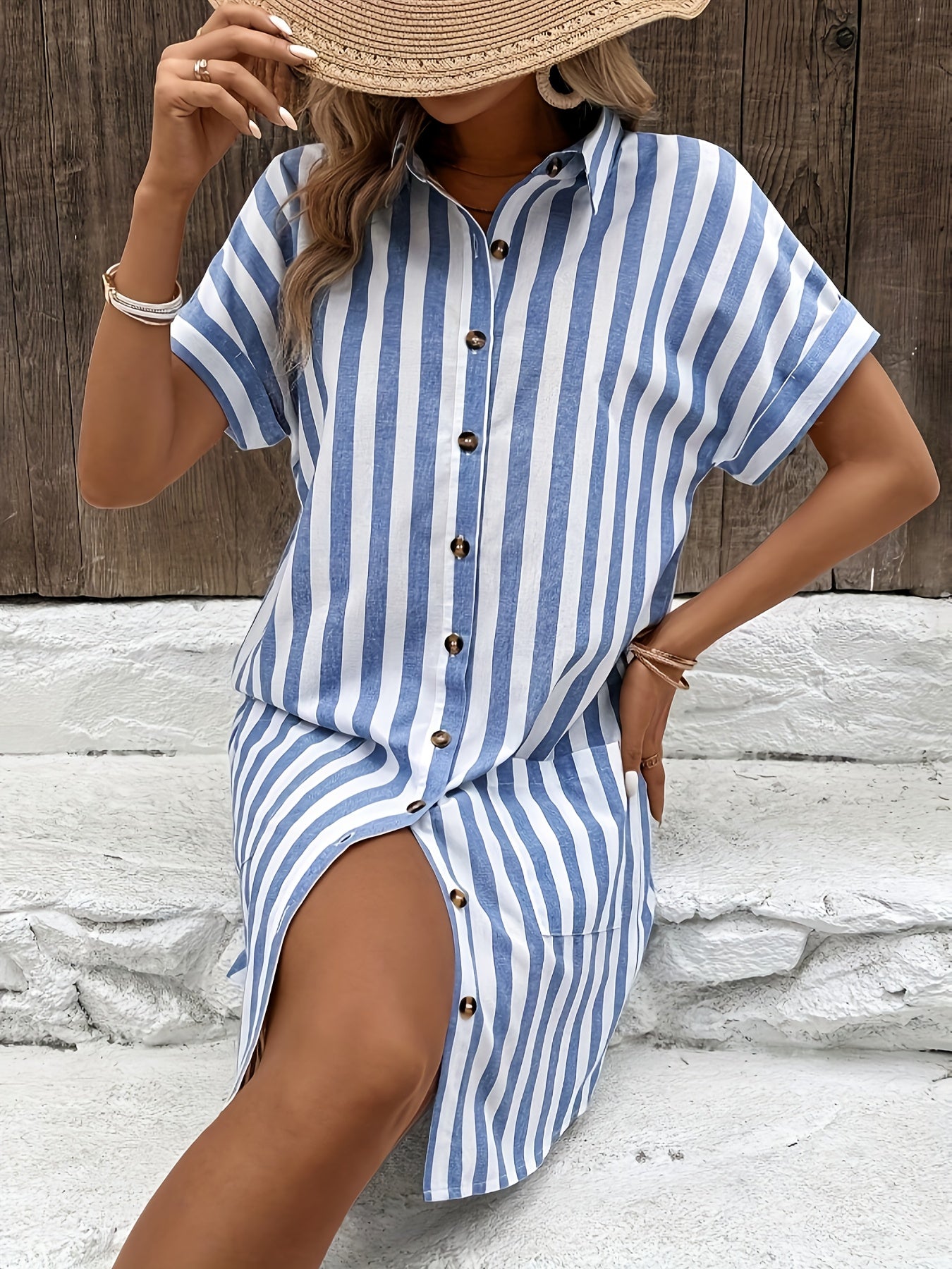 Effortless Striped Shirt Dress for Women with Short Sleeve Belted