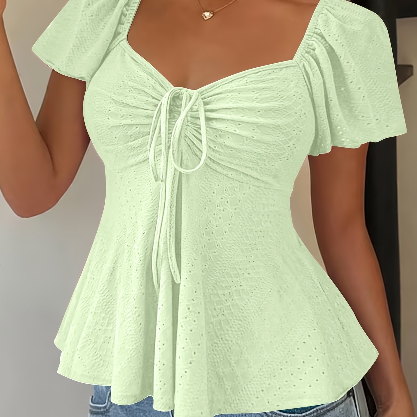 Effortless Blouse for Women with Sweetheart Neck Flutter Sleeve Peplum