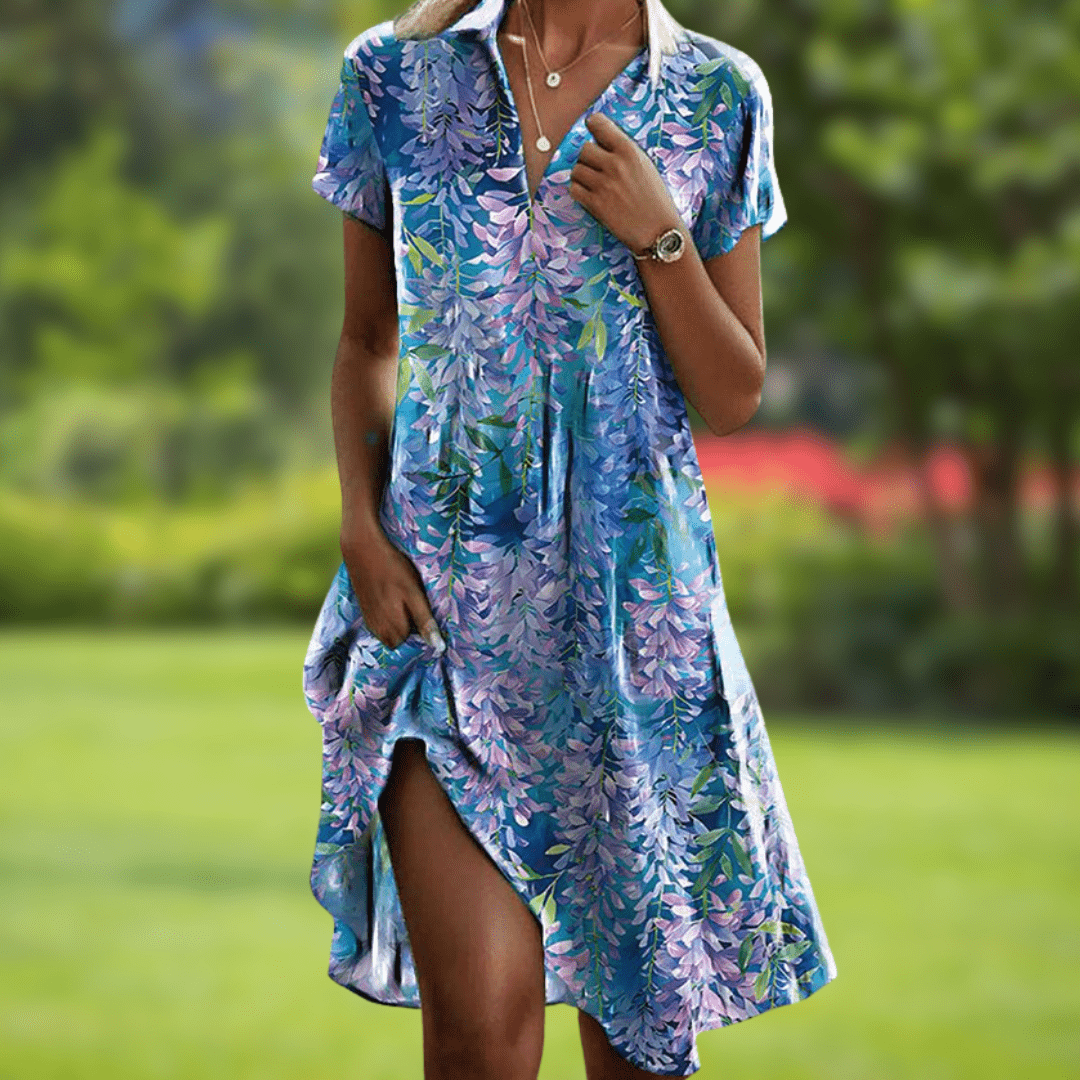 Elegant Flowy Floral Mini Dress for Women with V Neck