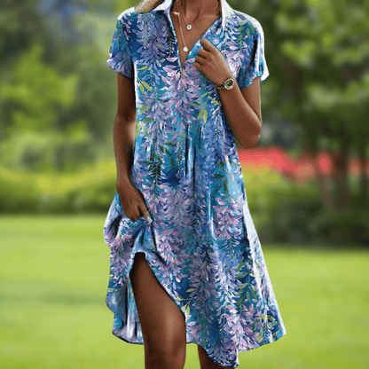 Elegant Flowy Floral Mini Dress for Women with V Neck