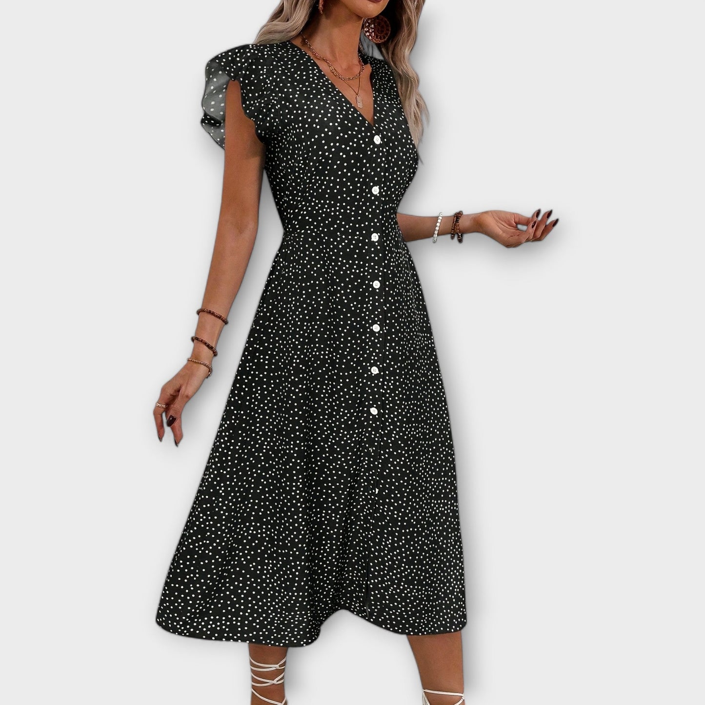 Effortless Polka Dot Midi Dress for Women with Deep V Neck Button Down Flutter Sleeve Casual Style