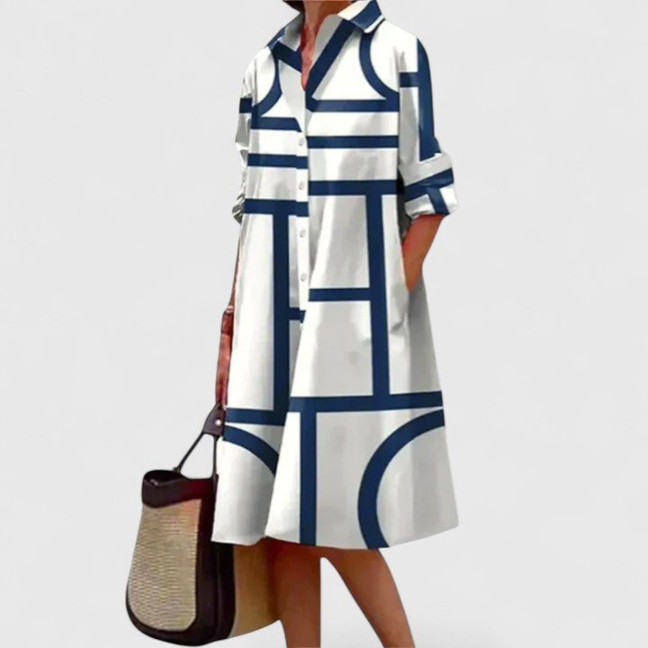 Effortless Geometric Print Shirt Dress for Women with Button Down Long Sleeve Casual Midi Style