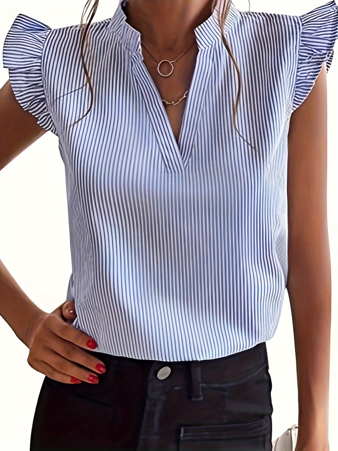 Effortless Striped Blouse for Women with V Neck Ruffle Sleeve