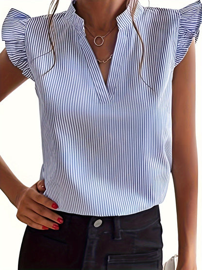 Effortless Striped Blouse for Women with V Neck Ruffle Sleeve