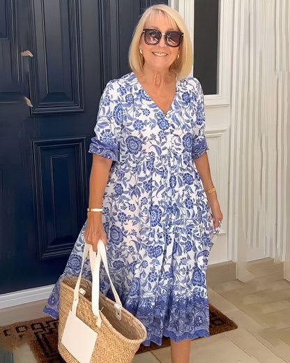 Stylish Flowy Floral Maxi Dress for Women with V Neck