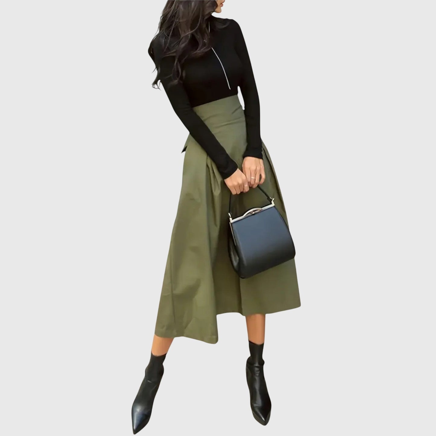 Elegant Olive Green Midi Skirt for Women with High Waist Pleated A-Line Tie Waist Business Casual Style