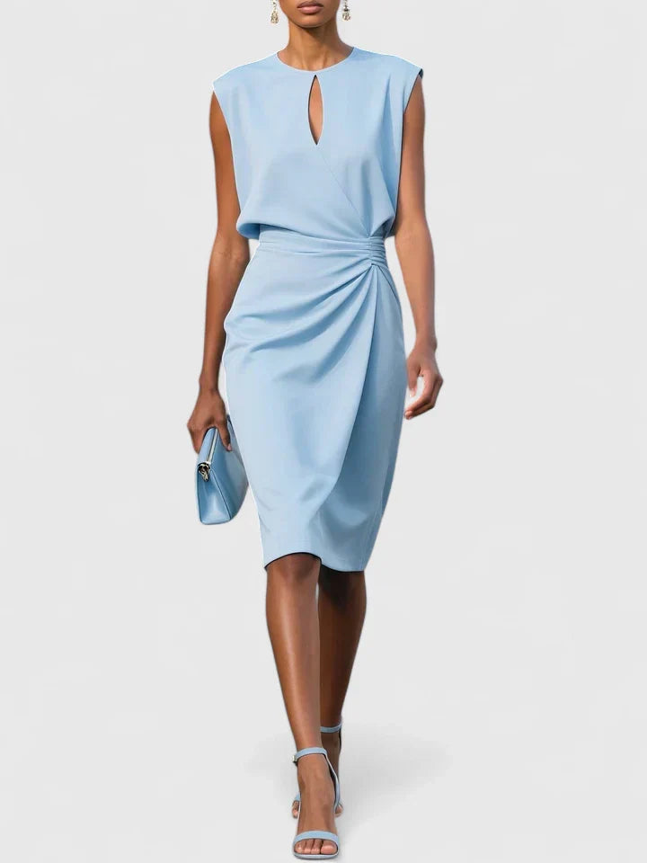 Elegant Sleeveless Midi Dress for Women with Keyhole Neck Ruched Waist Formal Style